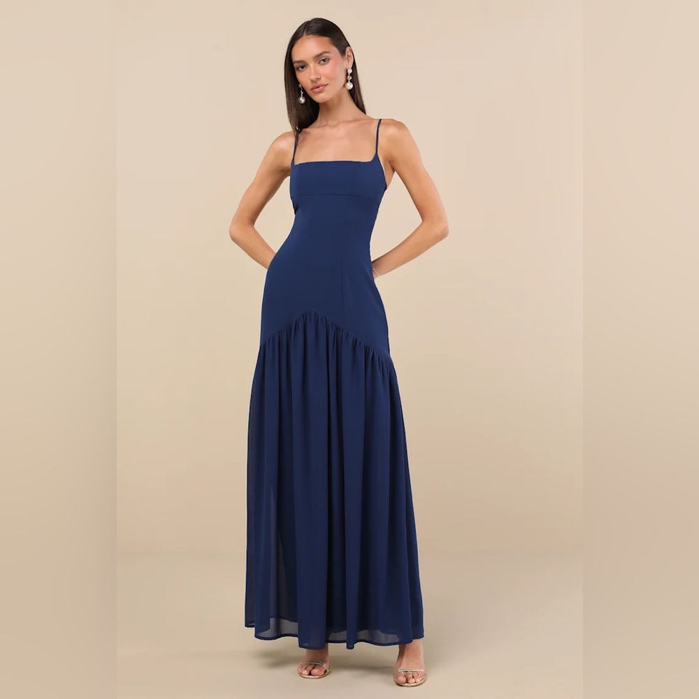 Lulu's Auria Navy Blue Chiffon Drop Waist Maxi Dress